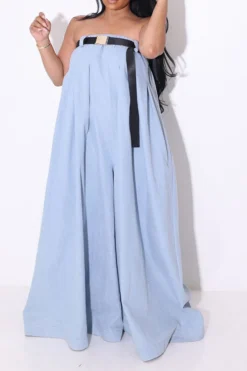Solid Color Whimsical Wide Leg Jumpsuit With Belt -Prettytina HP2209293 BL 2