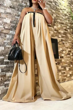 Solid Color Whimsical Wide Leg Jumpsuit With Belt -Prettytina HP2209293 KH 7
