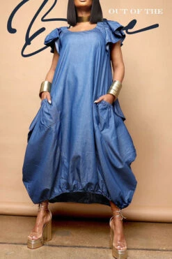 Solid Color Whimsical Patch Pocket Midi Dress