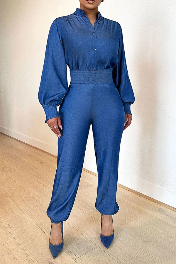 Solid Color Feminine Shirred Waist Jumpsuit 1 Solid Color Feminine Shirred Waist Jumpsuit