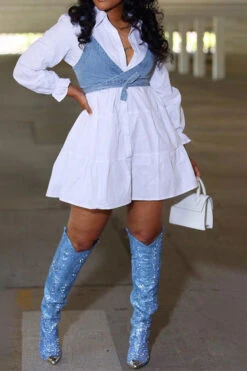 Color Block On-trend Tiered Mini Dress & Gilet 9 Color Block On-trend Tiered Mini Dress & Gilet -Prettytina HP2305102 WH 2