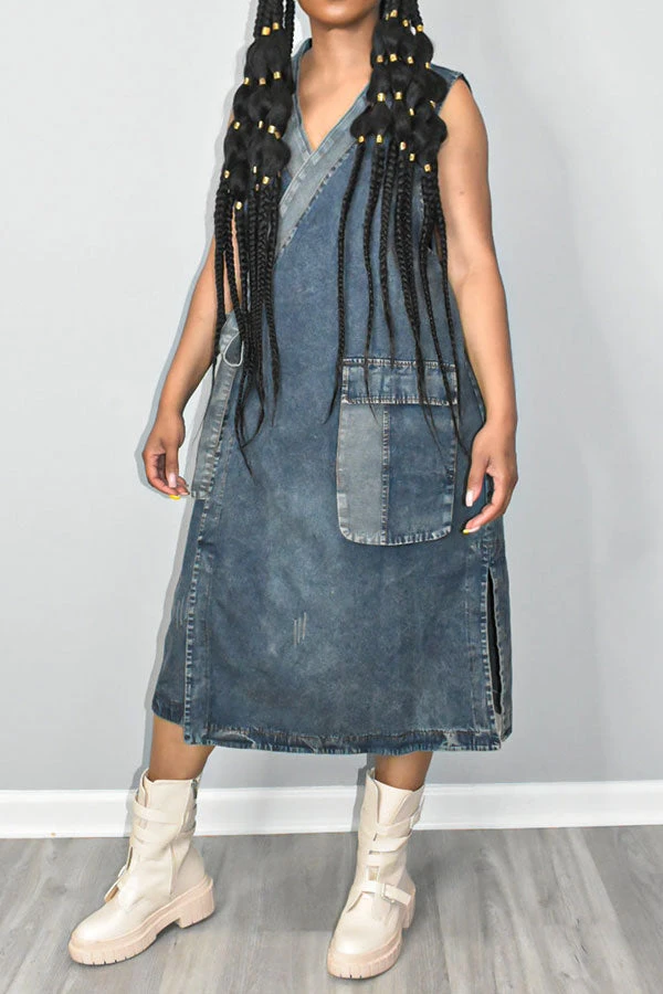 Patchwork Urban Lace-Up Denim Midi Dress 2 Patchwork Urban Lace-Up Denim Midi Dress - Image 2