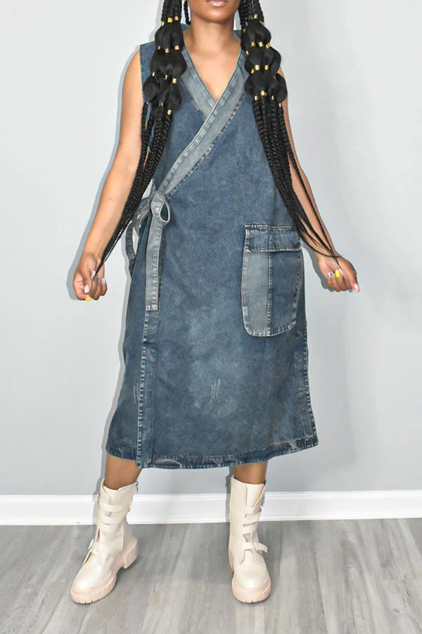 Patchwork Urban Lace-Up Denim Midi Dress 3 Patchwork Urban Lace-Up Denim Midi Dress - Image 3
