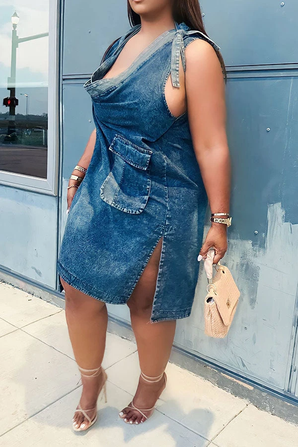 Patchwork Urban Lace-Up Denim Midi Dress 5 Patchwork Urban Lace-Up Denim Midi Dress - Image 5