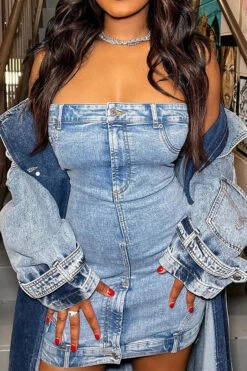 Blue Bandeau Unique Denim Mini Dress -Prettytina HP2307192 BL 6