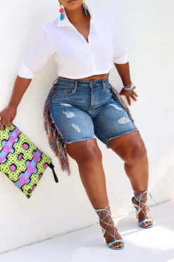 Ripped On-trend Side Tassel Denim Shorts