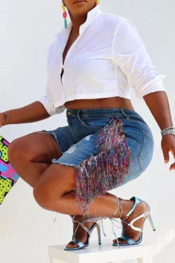 Ripped On-trend Side Tassel Denim Shorts -Prettytina HP2307311 BL 3