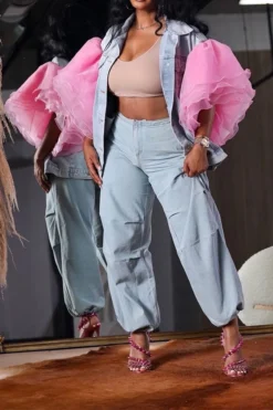 Patchwork Tulle Ruffle Sleeve On-trend Denim Coat 7 Patchwork Tulle Ruffle Sleeve On-trend Denim Coat -Prettytina HP2308236 BL 4