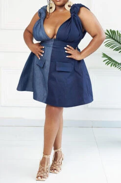 Color Block Smart Knotted Denim Mini Dress -Prettytina HP2308301 BL 3