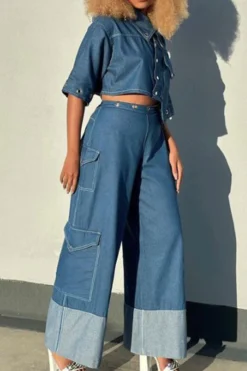 Color Block Cool Backless Patch Pocket Denim Pant Suit -Prettytina HP2308308 BL 3