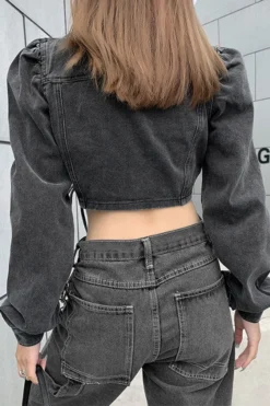 Solid Color Unique Drawstring Denim Jacket -Prettytina adc6973408924cf756bdab84d9f6ee09