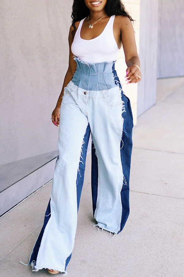 Patchwork High Waist Unique Wide-legged Jeans 1 Patchwork High Waist Unique Wide-legged Jeans