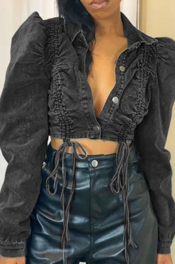 Solid Color Unique Drawstring Denim Jacket