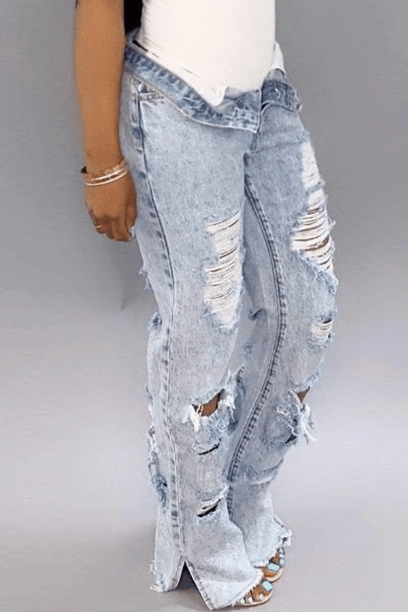 Hole Distressed Denim Slit Jeans 1 Hole Distressed Denim Slit Jeans